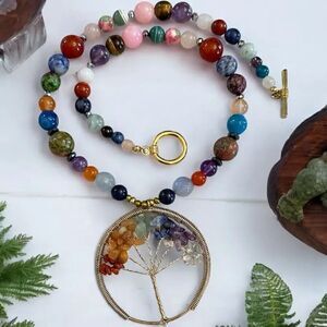 One of a Kind Genuine Gemstone Beads Tree of Life Chakra Pendant and Necklace